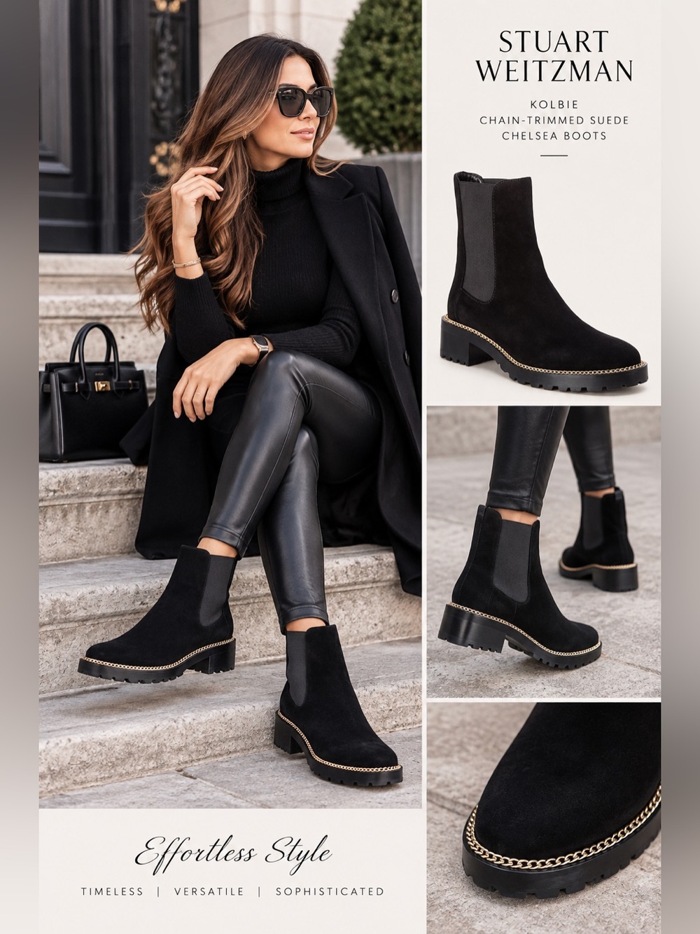 Stuart Weitzman Kolbie Chain-Trimmed Suede Chelsea Boots – Size 36.5 B